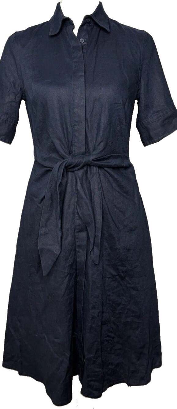 Lauren Ralph Lauren Wakana Tie-Front Linen Shirt Dress Sz 00 Navy Blue Preppy